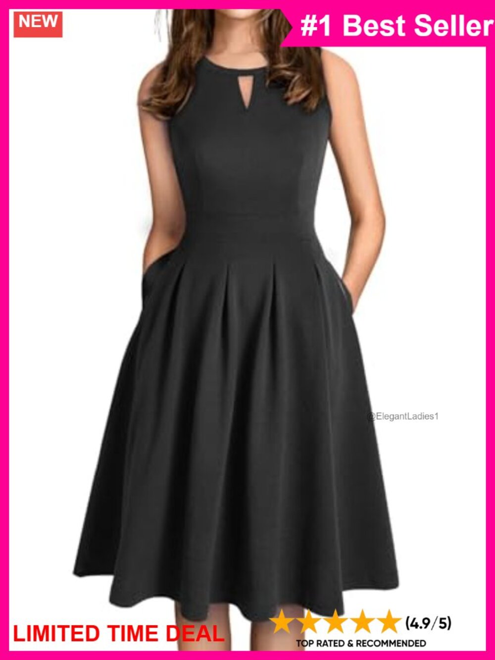 Sleeveless Swing Knee-Length Dress with Pockets Keyhole Neckline